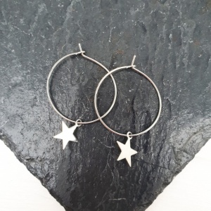 Star Drop Hoop Earrings - Silver